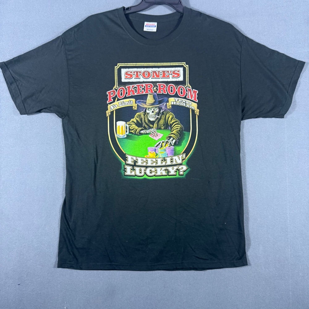 Hanes T-Shirt Mens L Black Stones Poker Room Skeleton Graphic Tee Short Sleeve